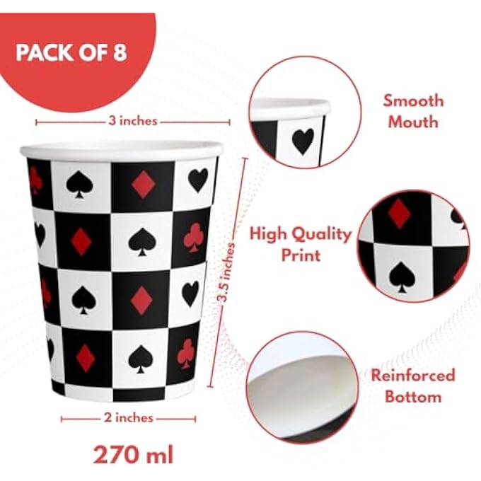 8 PCS CASINO PAPER CUPS 9 OZ, POKER THEME DECORATIONS FOR DIWALI CARD GAME, BIRTHDAY TABLEWARE - Image 3
